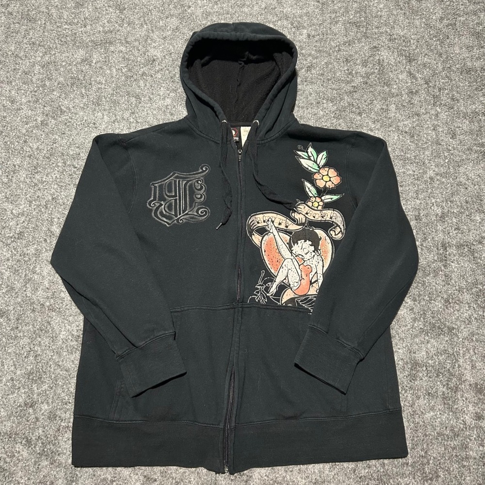 Betty Boop Vintage Y2K Black Zip Up Hoodie Graphic Sweatshirt Size 1X 16W